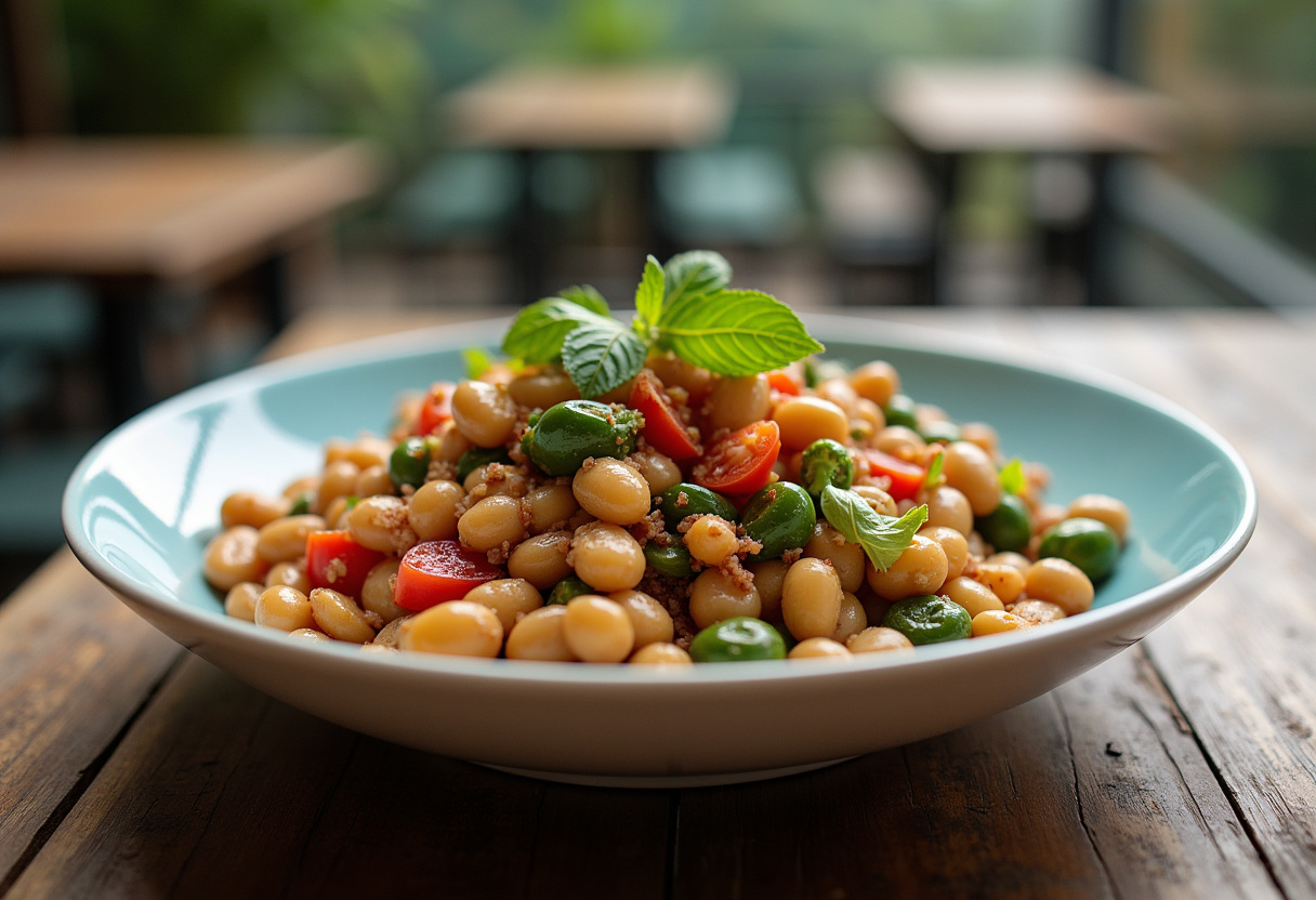 A delicious visual of a dense bean salad, featuring a colorful medley of beans and vegetables in a rustic bowl, perfect for healthy eating.
