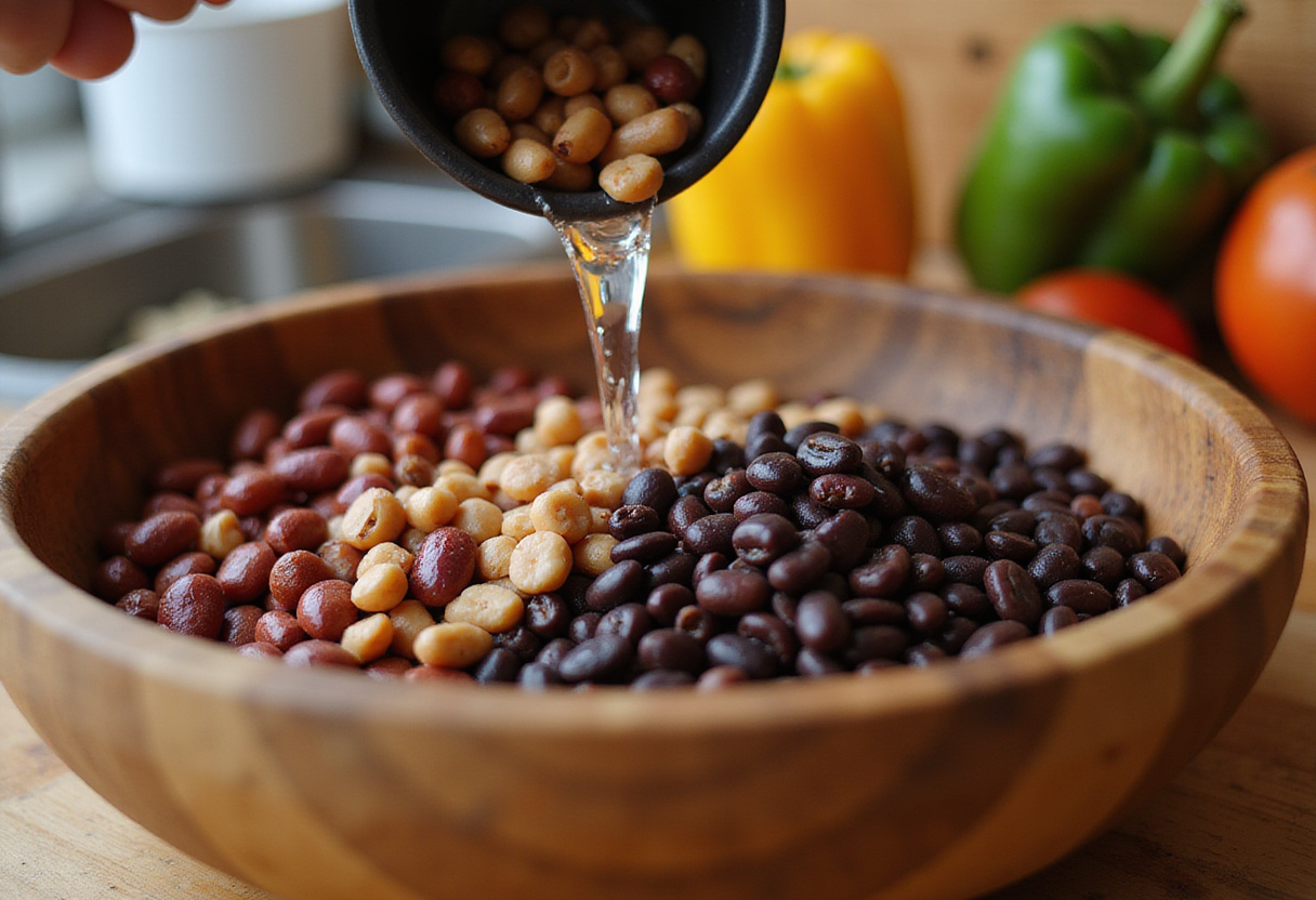 Preparation of a healthy dense bean salad with a mix of varieties including kidney beans and chickpeas, rinsing them in a wooden bowl for freshness.