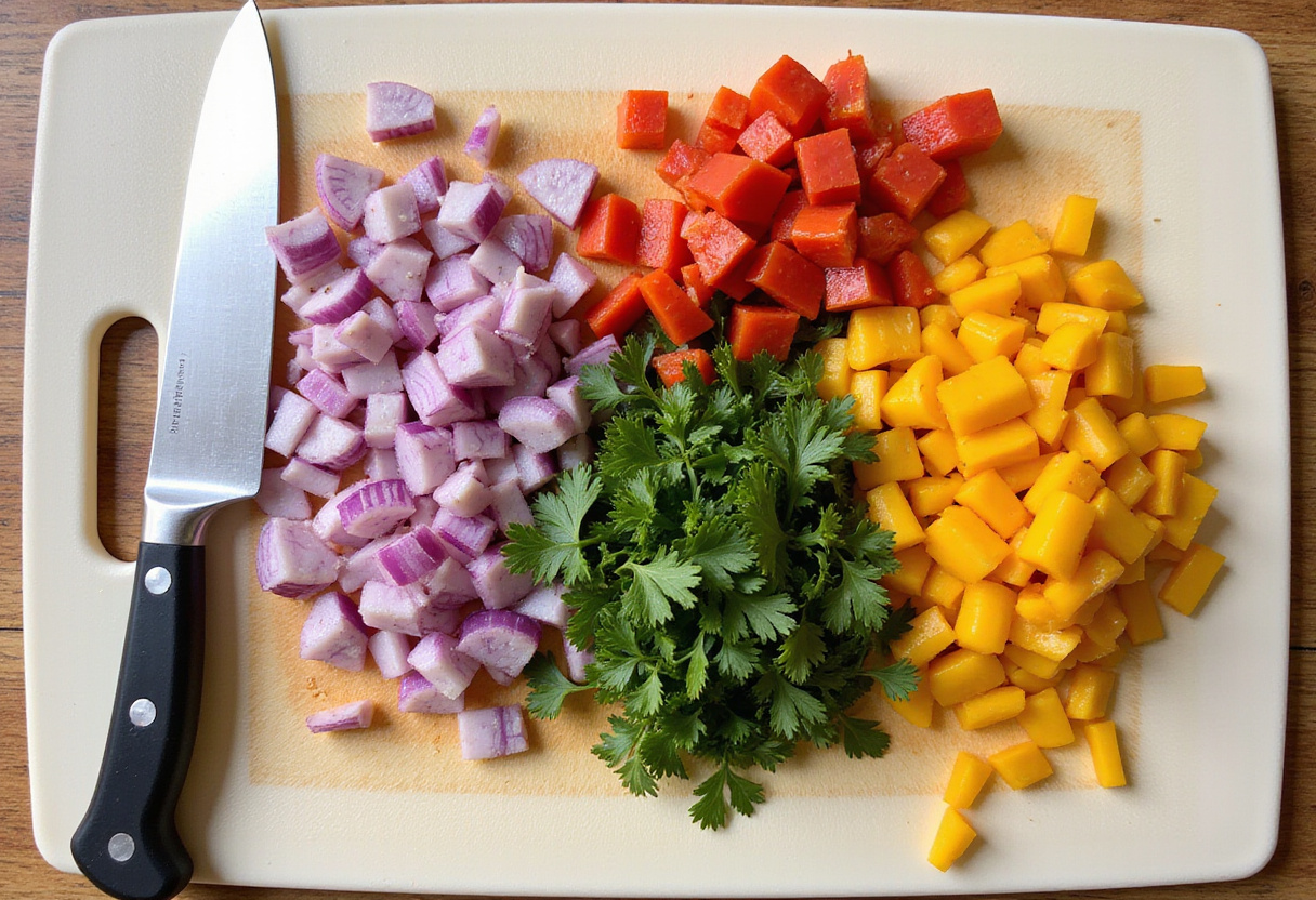 Fresh vegetable preparation for a dense bean salad, showcasing diced red onions and bell peppers on a chopping board for added flavor and crunch.
