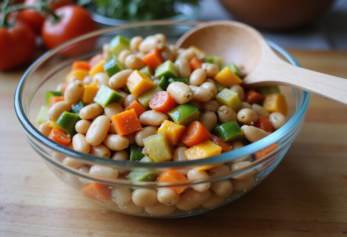 Combining ingredients for a dense bean salad in a glass bowl, featuring a vibrant mix of beans and fresh vegetables, ready to be tossed for delicious flavors.