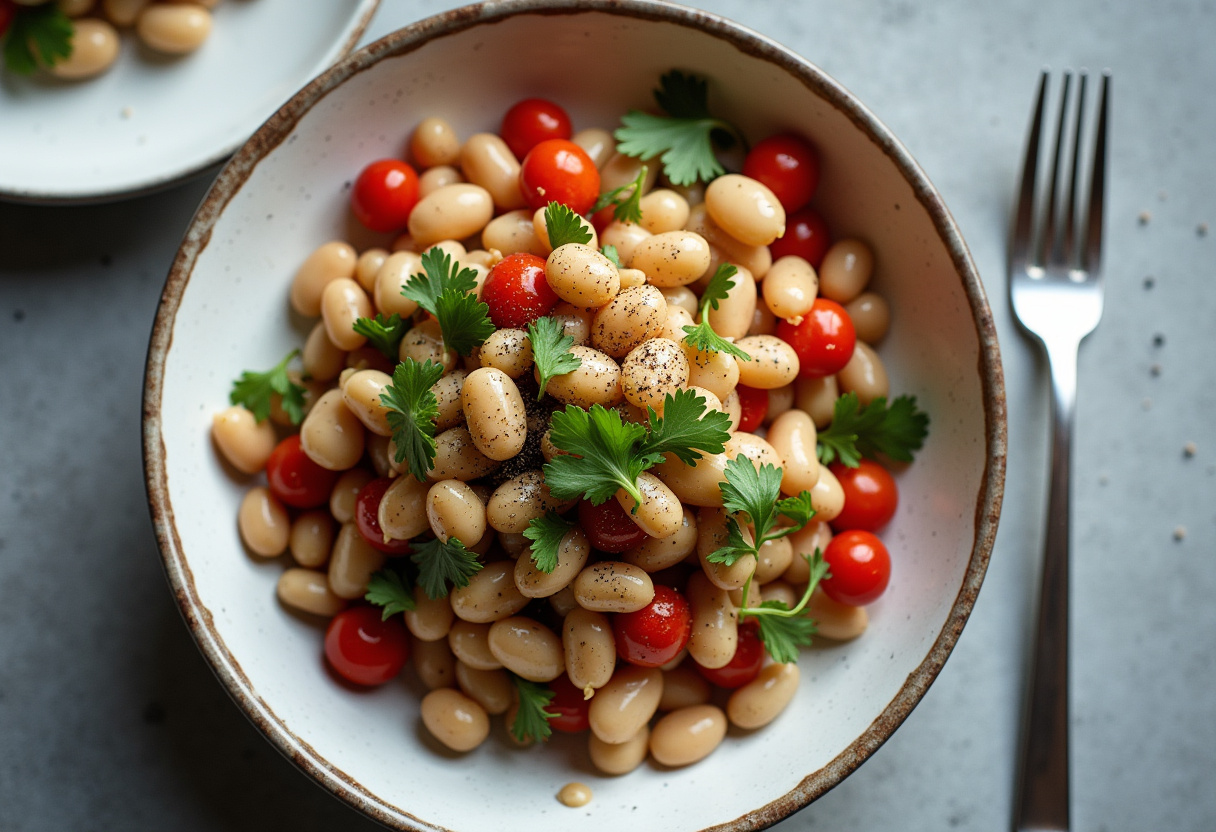 Final mixing of a vibrant dense bean salad in a serving bowl, ready to be enjoyed, highlighting the freshness of ingredients and garnished with cilantro.