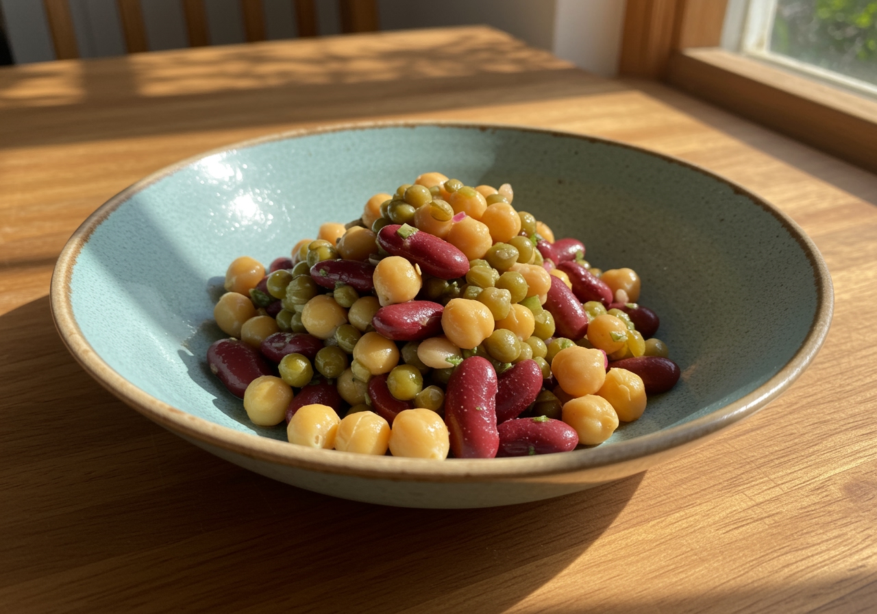 A delicious visual of a dense bean salad, featuring a colorful medley of beans and vegetables in a rustic bowl, perfect for healthy eating.