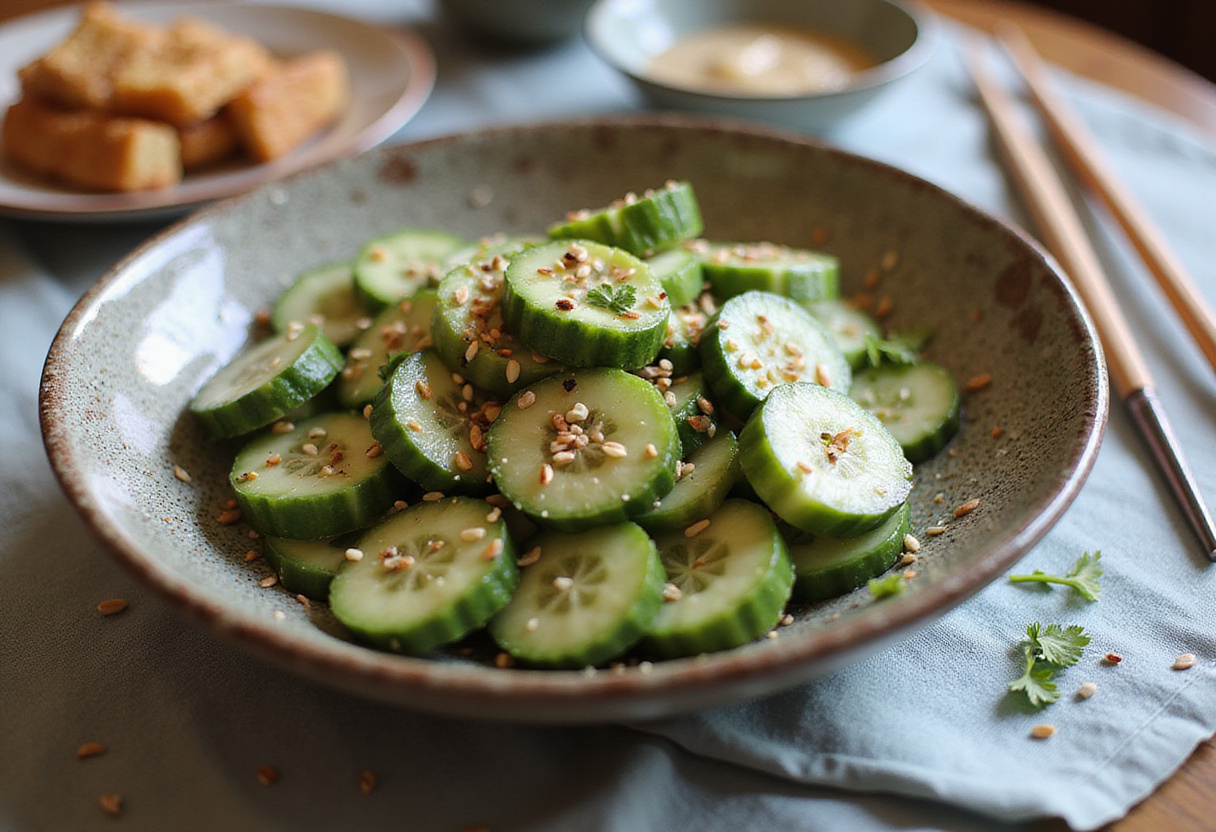 Final presentation of Easy Asian Cucumber Salad, showcasing fresh, vibrant ingredients in a decorative bowl, ideal for a healthy meal.