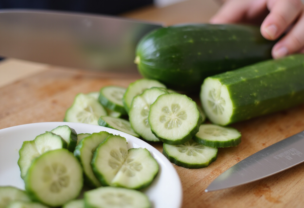 Easy Asian Cucumber Salad preparation, slicing fresh cucumbers on a cutting board for a healthy salad.
