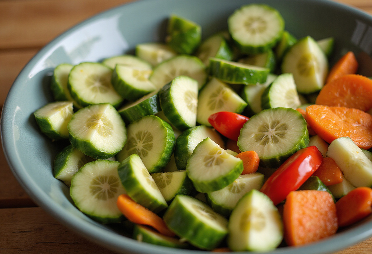 Healthy Asian Cucumber Salad ingredients, showcasing fresh cucumbers with colorful vegetables all prepared for mixing.