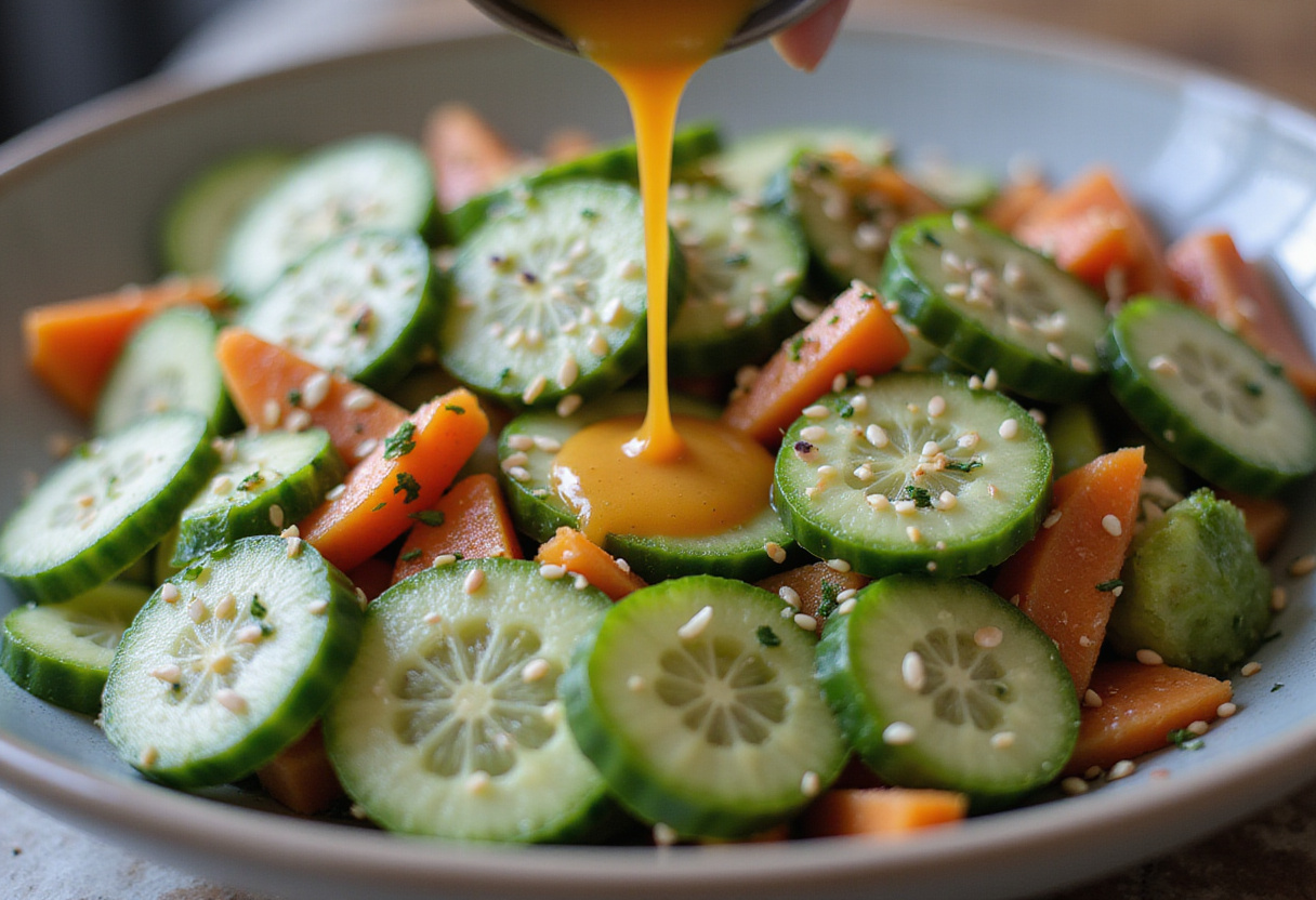 Simple Asian Cucumber Salad dressing creation, pouring flavorful dressing over fresh vegetables for enhanced taste.