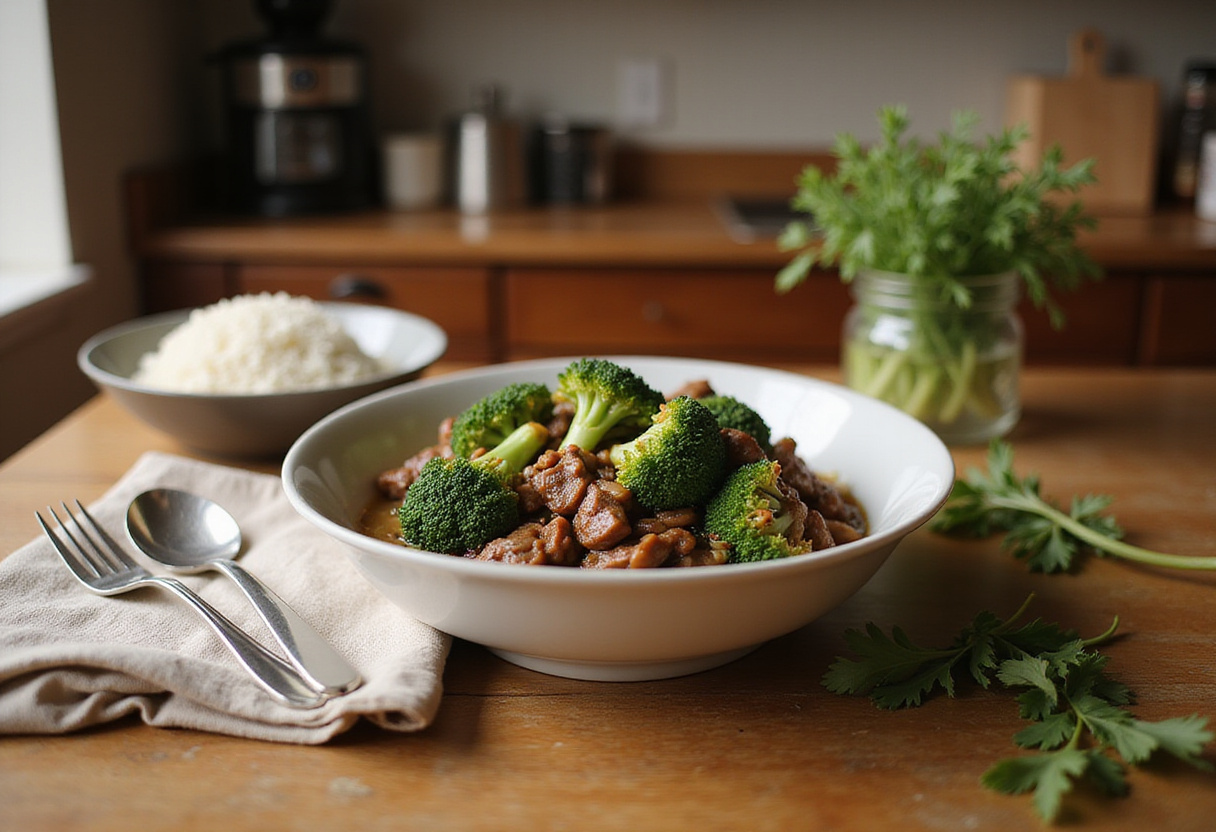 Final presentation of Easy Beef and Broccoli dish with sesame seeds and green onions, representing a delightful and wholesome meal.