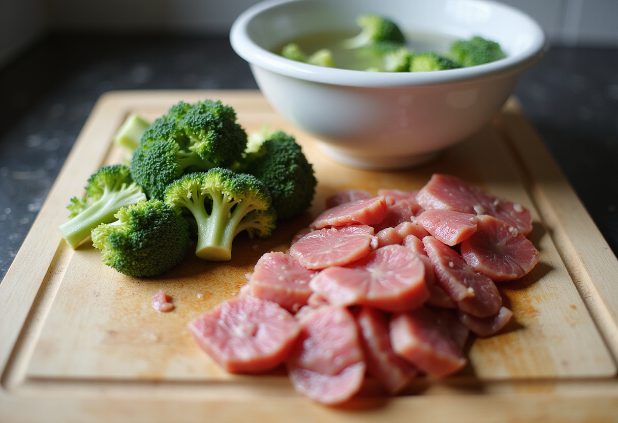 Preparation of Easy Beef and Broccoli with chopped broccoli on cutting board and marinated beef strips ready for cooking.