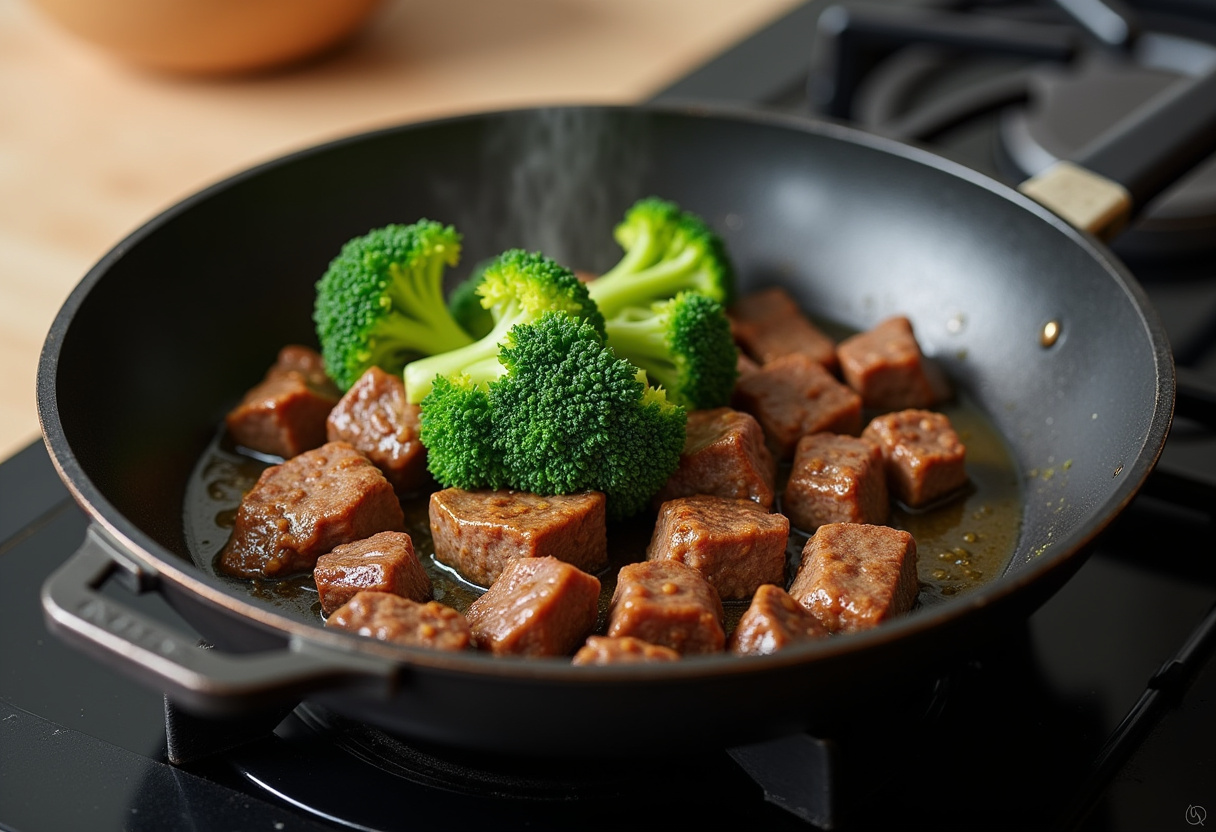 Combining browned beef with fresh broccoli in a frying pan for Easy Beef and Broccoli stir-fry, highlighting the addition of soy sauce for flavor.