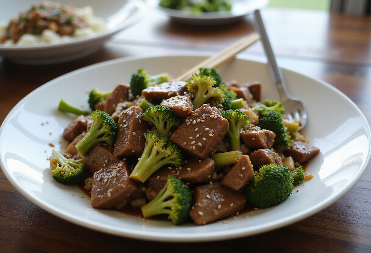 Serving Easy Beef and Broccoli over a bed of fluffy white rice, capturing the delicious combination of the stir-fry with rice.