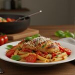 Ready to serve Easy Bruschetta Chicken Pasta with fresh toppings in a warm home atmosphere.