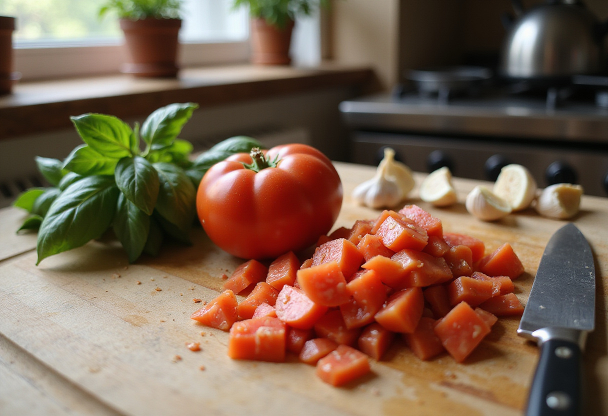 Dicing fresh tomatoes for Easy Bruschetta Chicken Pasta with basil and garlic in a cozy kitchen.