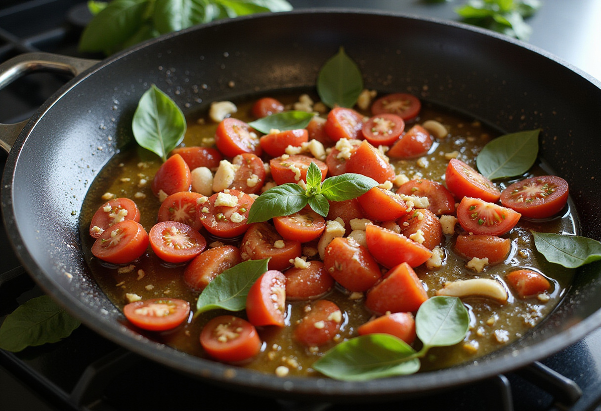 Cooking garlic and tomatoes for Easy Bruschetta Chicken Pasta in a skillet, with olive oil and fresh basil.