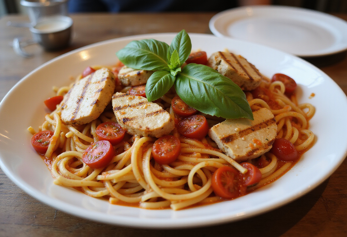 Mixing cooked pasta with bruschetta sauce and grilled chicken for Easy Bruschetta Chicken Pasta on a dining table.