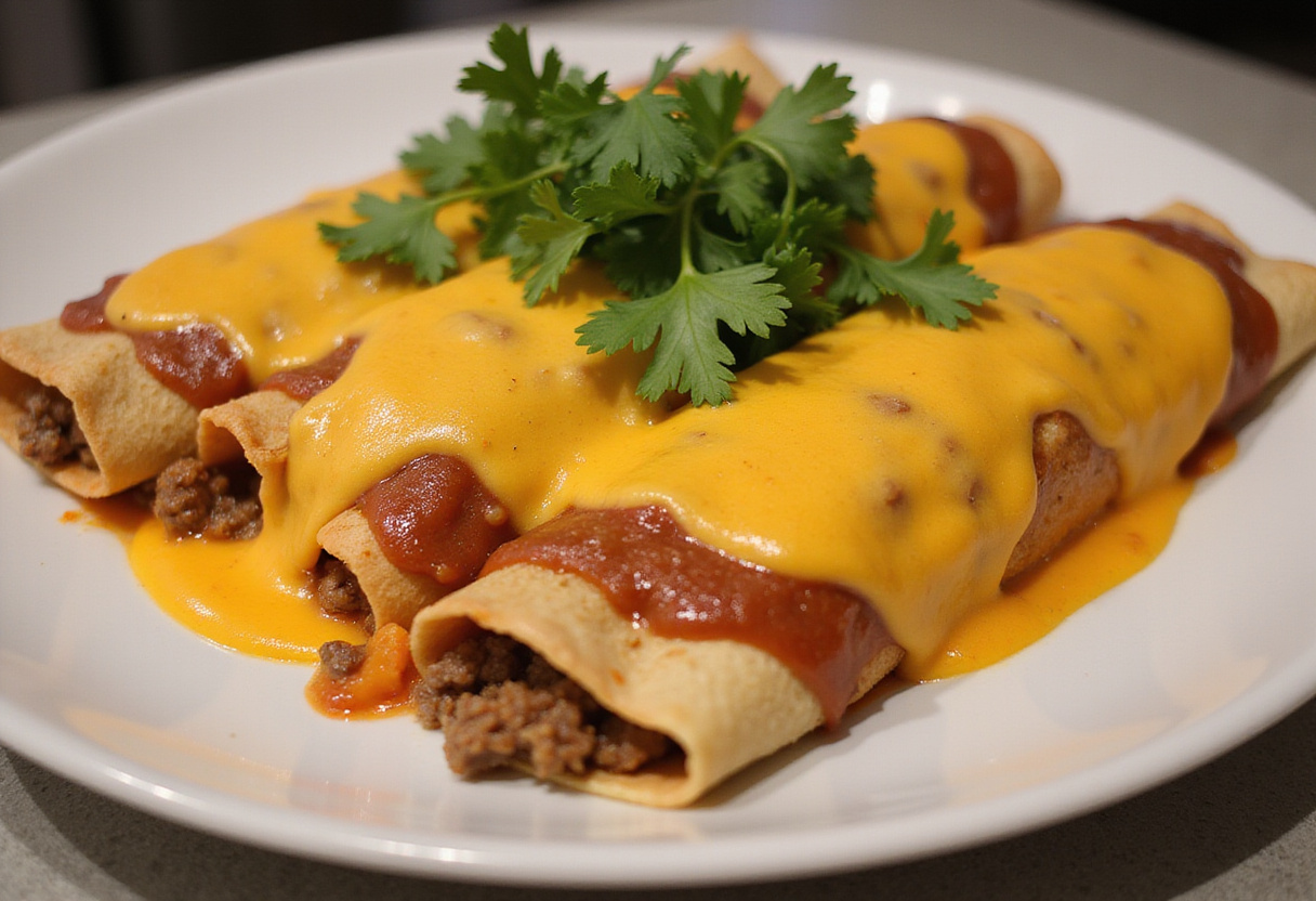plated easy cheesy ground beef enchiladas garnished with cilantro, showcasing a deliciously cheesy and flavorful Mexican dish