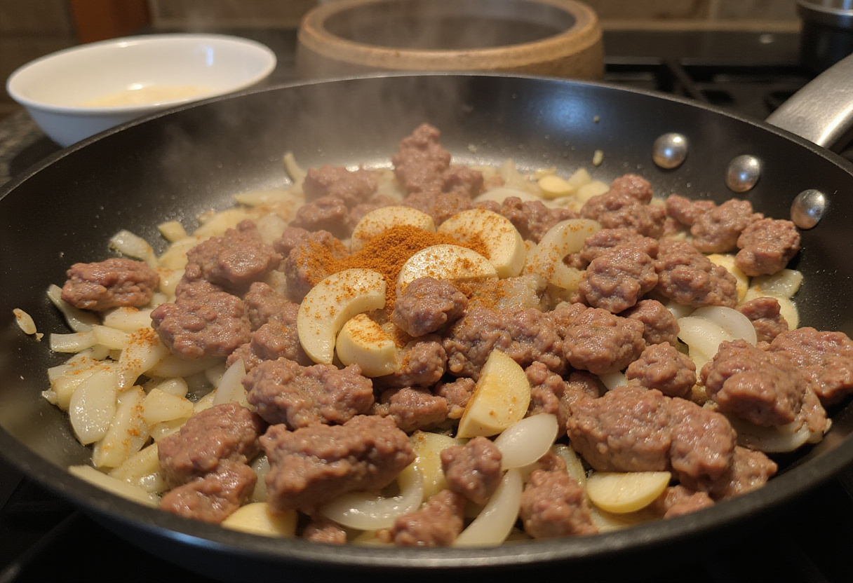 sautรฉing onions and garlic in a skillet with ground beef creating a flavorful mix for easy cheesy ground beef enchiladas