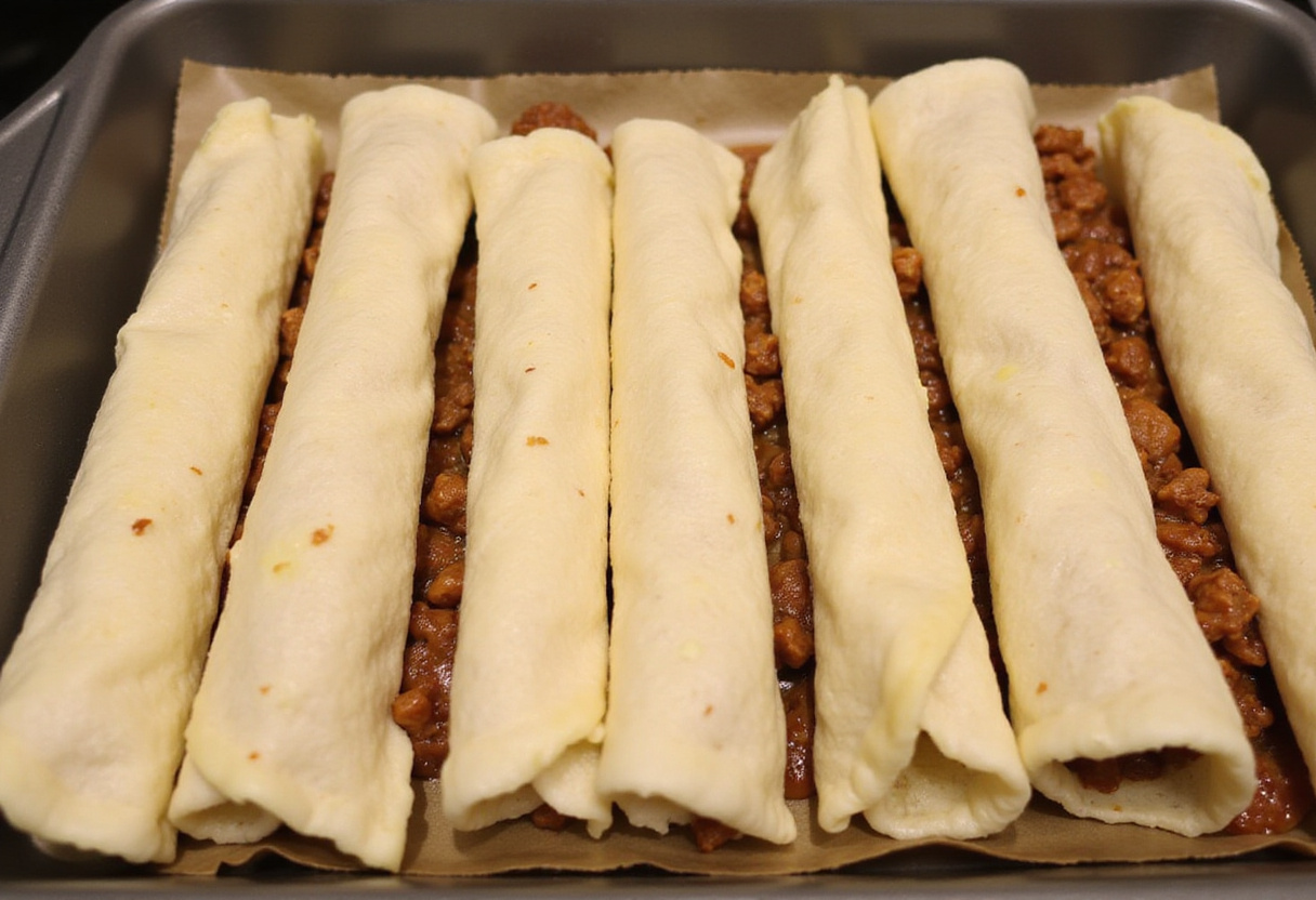rolling tortillas filled with seasoned beef mixture and arranging them in a baking dish for easy cheesy ground beef enchiladas
