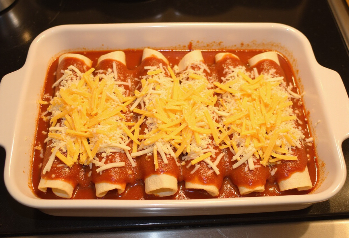 pouring enchilada sauce and adding cheese on top of rolled tortillas in a baking dish, preparing for easy cheesy ground beef enchiladas