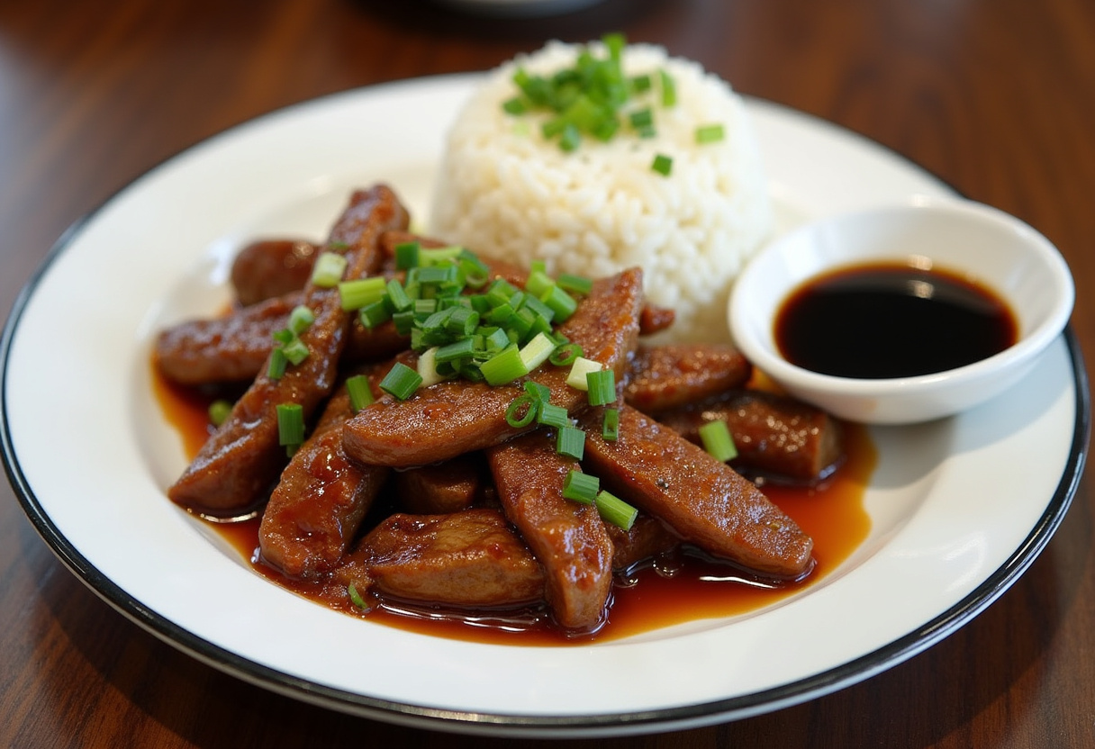 Elegant presentation of Easy Chinese Pepper Steak served with steamed rice and garnished with scallions, perfect for a delightful meal.