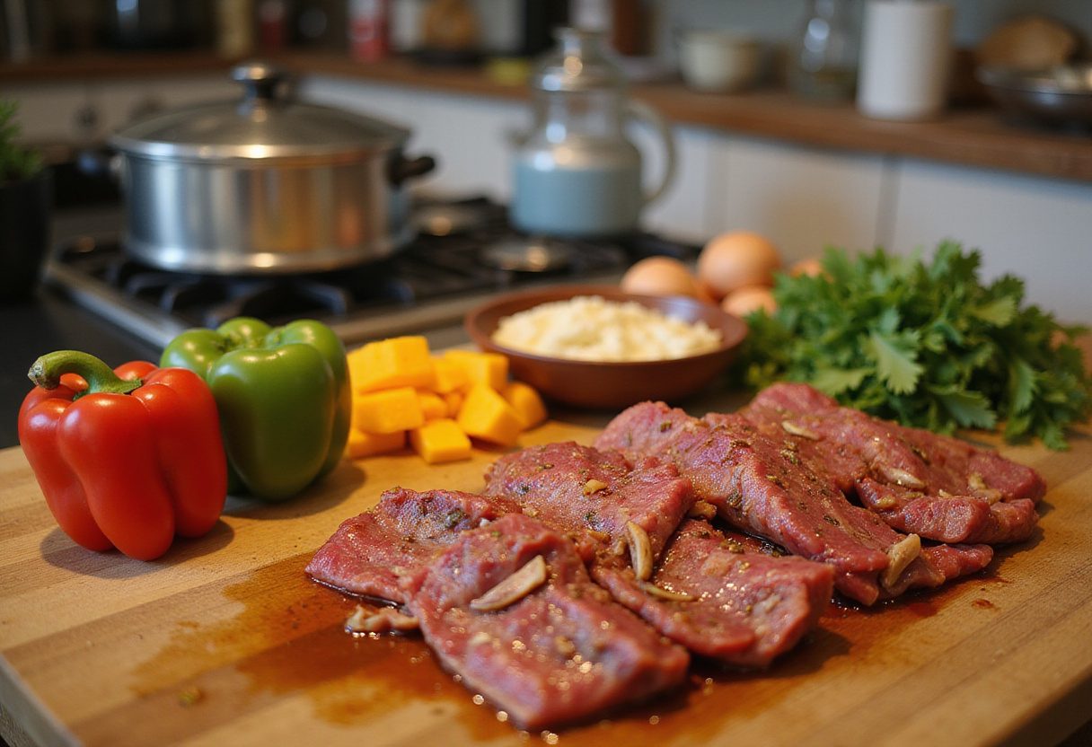 Fresh ingredients for Easy Chinese Pepper Steak including colorful bell peppers and marinated beef strips.
