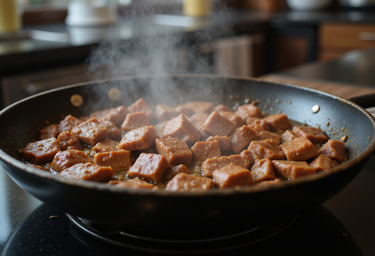 Sizzling marinated beef strips in a skillet for Easy Chinese Pepper Steak, with steam and appetizing aroma.