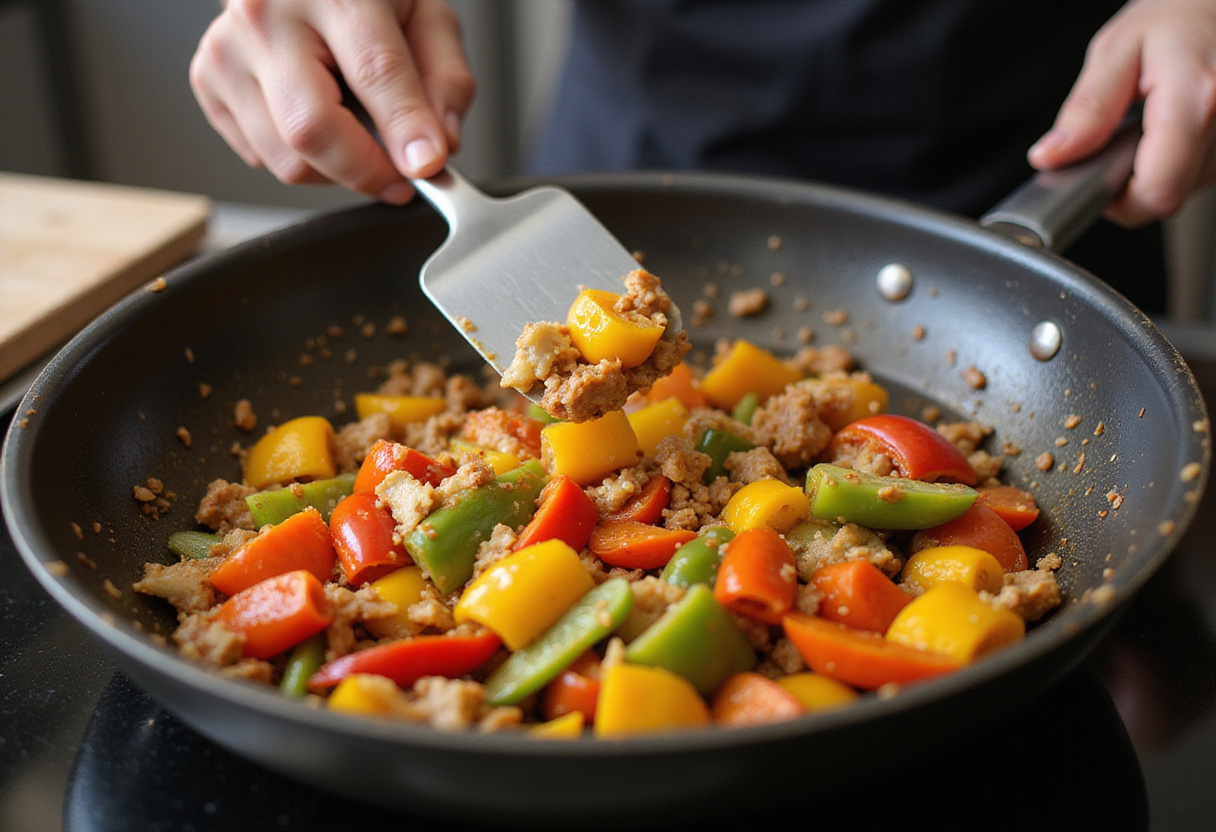 Chef adding bell peppers into the skillet, mixing together ingredients for Easy Chinese Pepper Steak with vibrant colors.