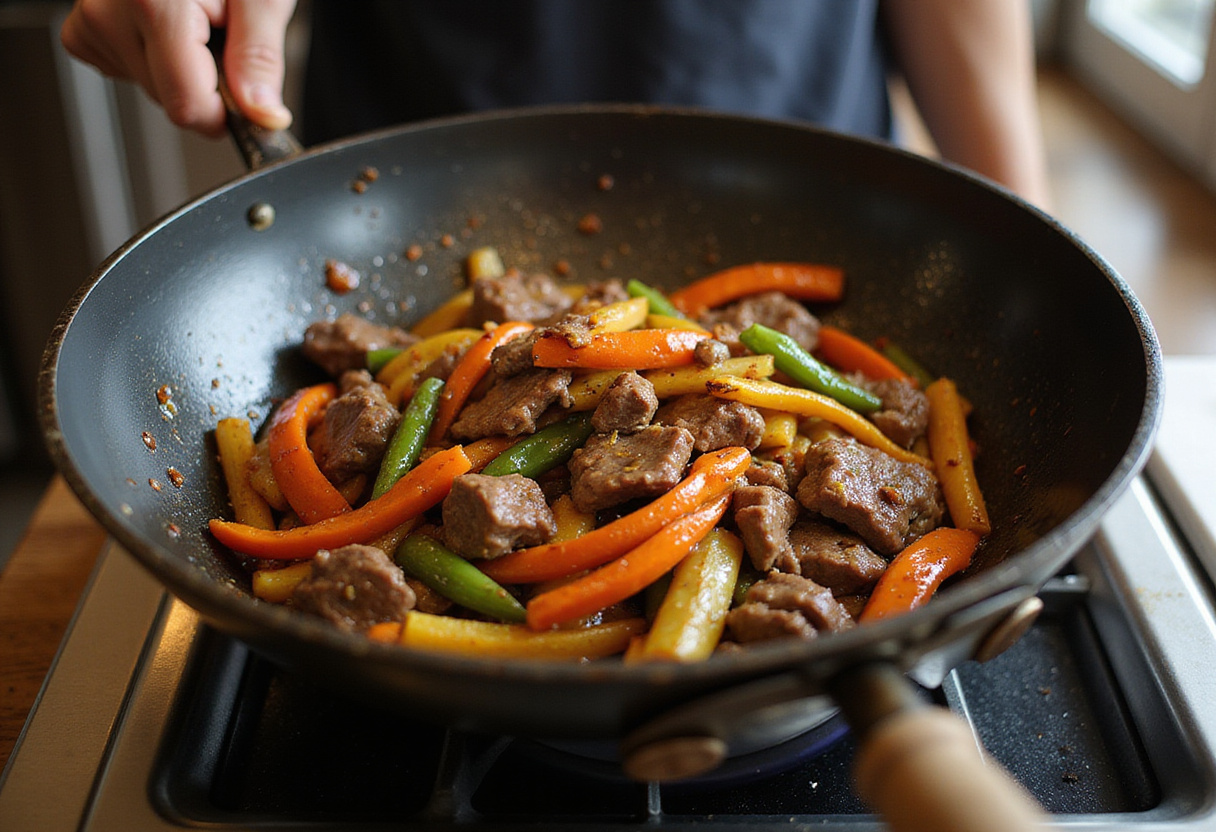 Deliciously cooked Easy Chinese Pepper Steak in a wok, featuring tender beef and bright bell peppers in a rich sauce.