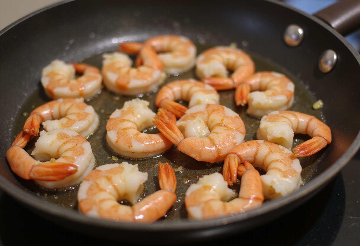 Fresh shrimp cooking in creamy garlic butter, a vital step in easy creamy garlic shrimp recipe.