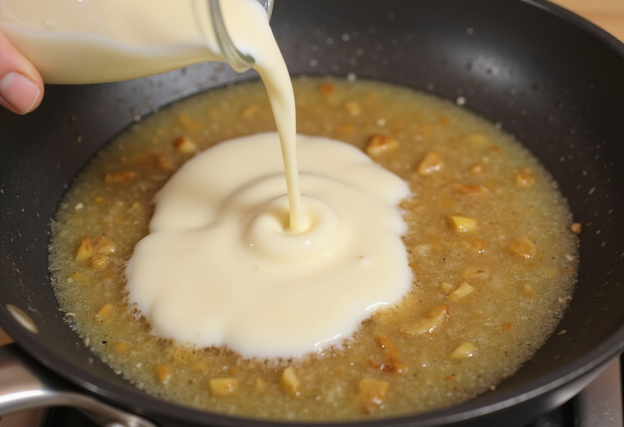 Creamy mixture being created in the skillet, essential for the delicious easy creamy garlic shrimp.