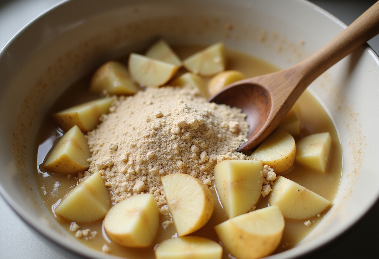 Mixing Lipton onion soup with fresh sliced potatoes for a delicious easy recipe.