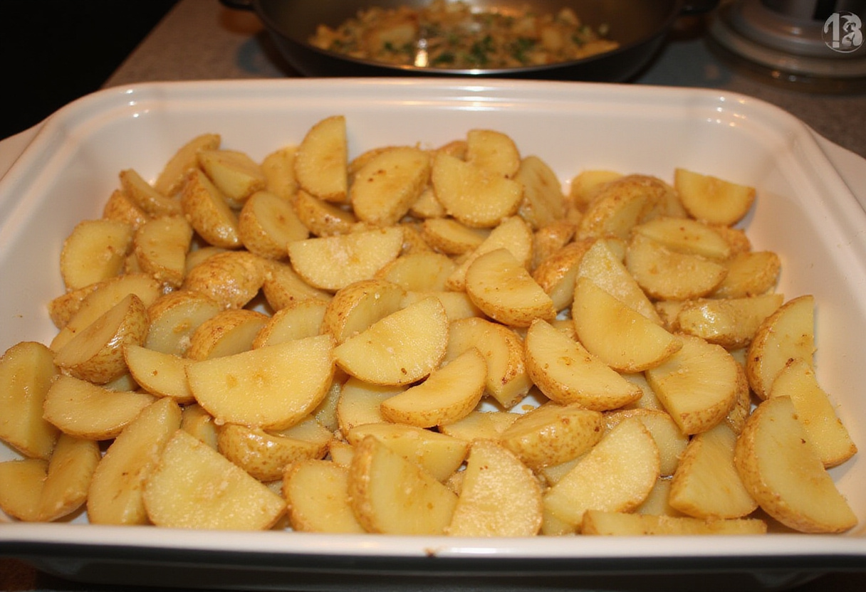 Layering potatoes coated in Lipton onion soup mix into a baking dish for easy oven preparation.
