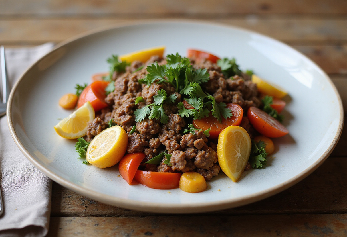 Delicious Easy Mediterranean Ground Beef Stir Fry plated beautifully with colorful vegetables and ground beef on a wooden table, garnished with parsley, showcasing a perfect meal.