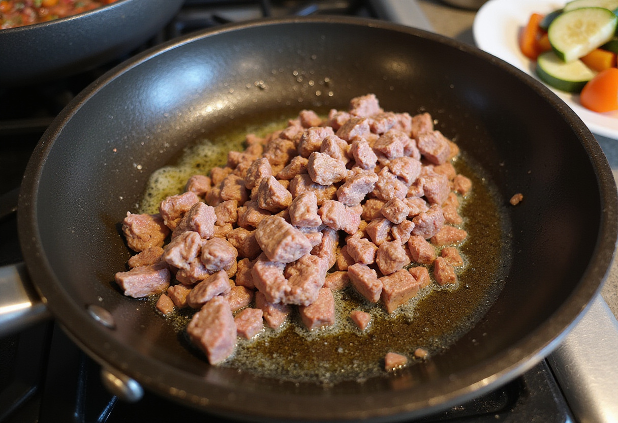 Cooking Easy Mediterranean Ground Beef Stir Fry with fresh vegetables in a skillet, ground beef sizzling in olive oil and vibrant ingredients ready to mix.