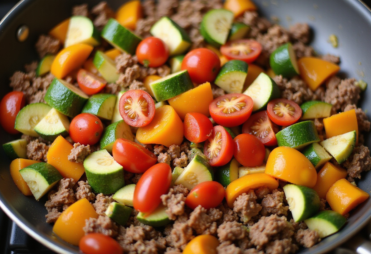 Mixing bell peppers and zucchini into the Easy Mediterranean Ground Beef Stir Fry, showcasing a vibrant and colorful array of fresh vegetables with the meat.