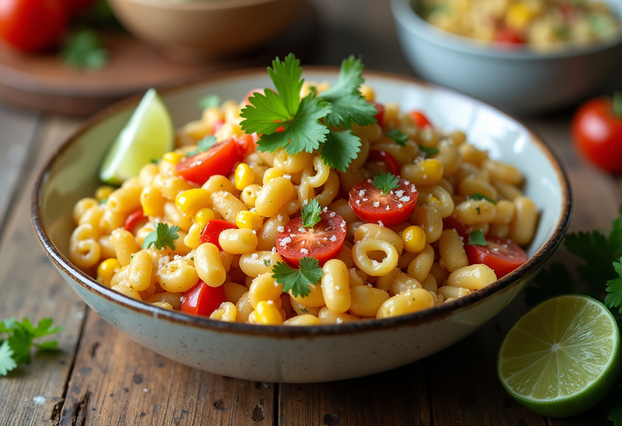 Final presentation of Easy Mexican Street Corn Pasta Salad showcasing colorful ingredients and garnishes perfect for summer gatherings.