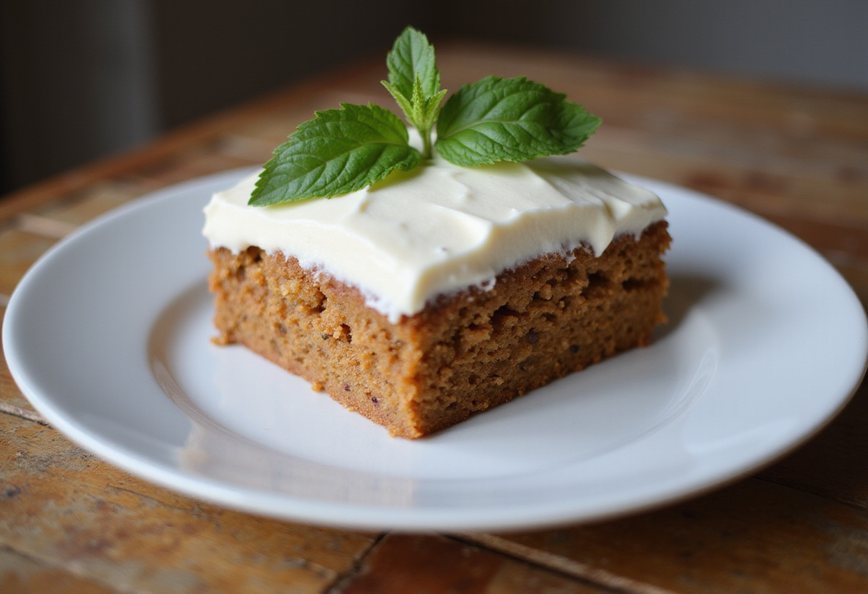 Delicious slice of Easy Oatmeal Carrot Cake with cream cheese frosting, beautifully presented on a rustic table.