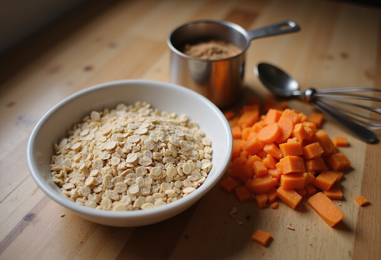 Gathering ingredients for Easy Oatmeal Carrot Cake, showing rolled oats, grated carrots, and brown sugar in a cozy kitchen.