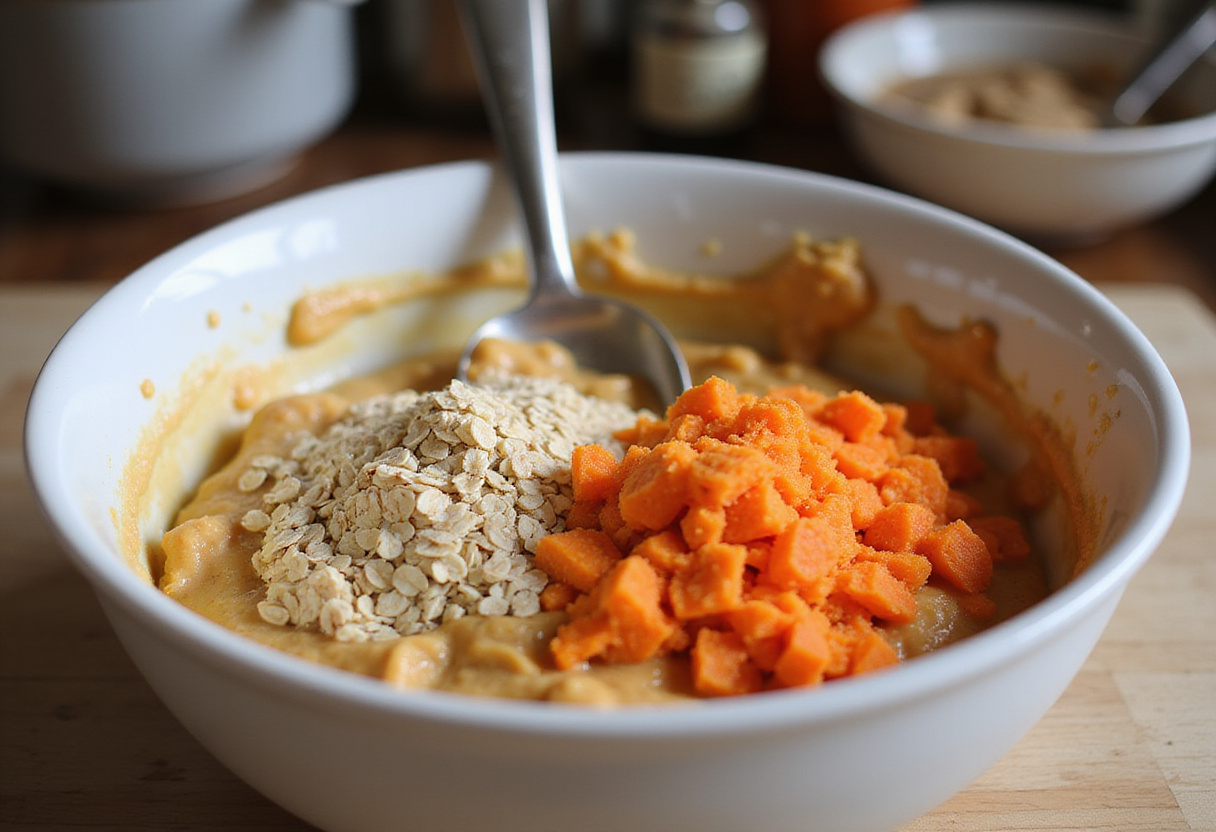 Combining ingredients to make the Easy Oatmeal Carrot Cake batter, featuring the colorful mixture of oats and carrots.