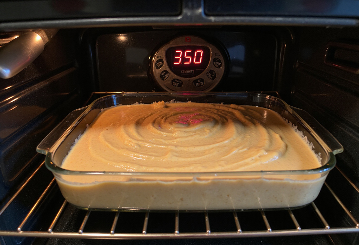 Placing the batter in the oven for Easy Oatmeal Carrot Cake, capturing the warm baking environment.