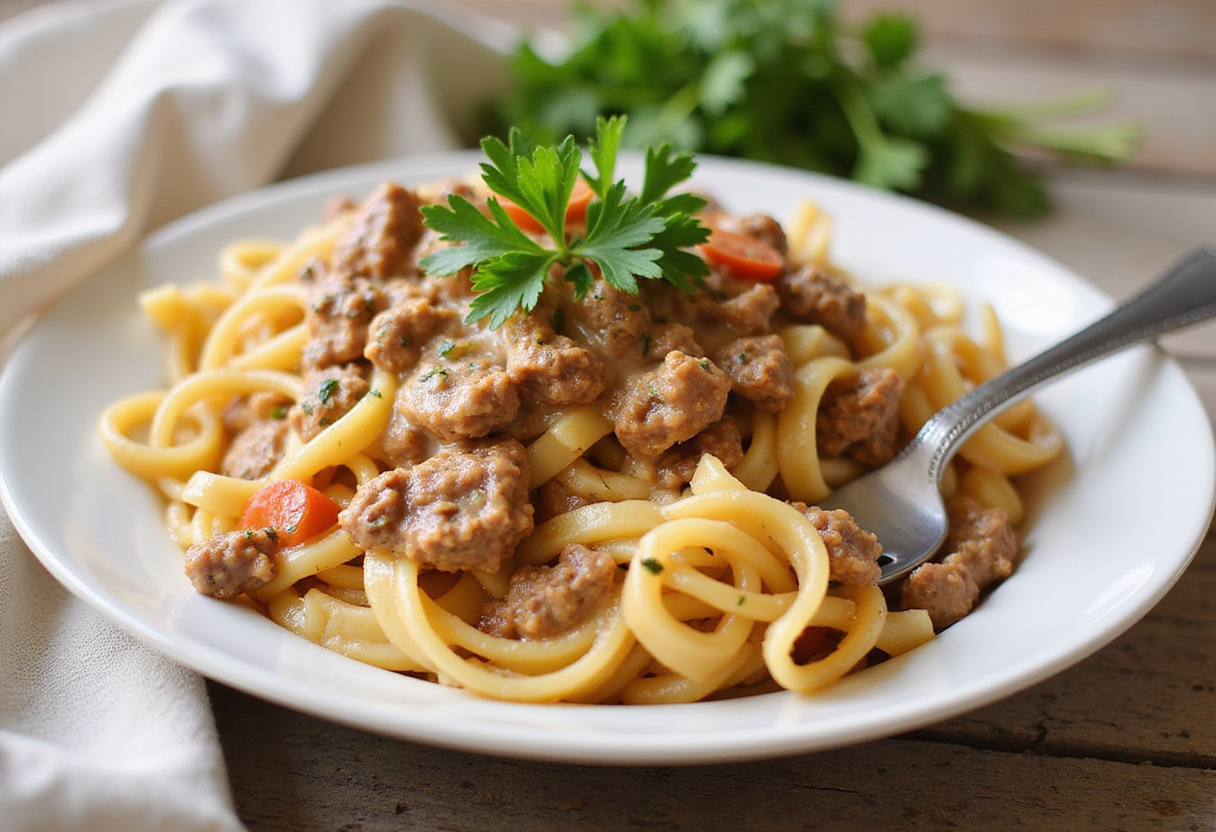 Delicious Easy Stovetop Creamy Ground Beef Pasta served in a bowl, highlighting the creamy sauce and savory ground beef.