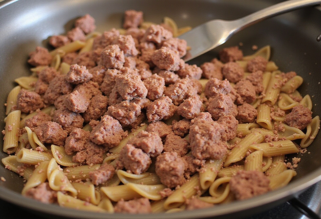 Cooking ground beef in a skillet for Easy Stovetop Creamy Ground Beef Pasta, developing rich flavors and textures.
