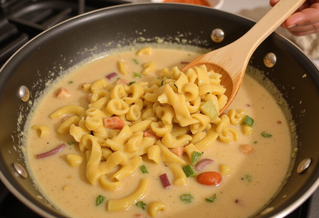 Adding pasta and broth for Easy Stovetop Creamy Ground Beef Pasta, combining ingredients to create a deliciously creamy texture.