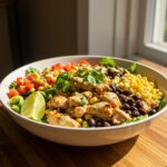 Final presentation of Easy Zesty Southwest Chicken Salad Bowl, highlighting the vibrant colors and fresh ingredients in an inviting setup.