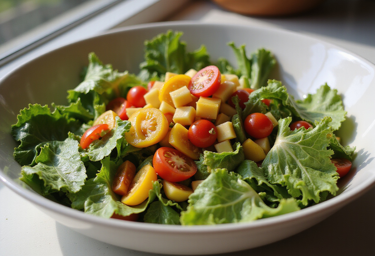 Easy Zesty Southwest Chicken Salad Bowl ingredients: fresh romaine lettuce, diced bell peppers, and cherry tomatoes prepared in a sunny kitchen environment.