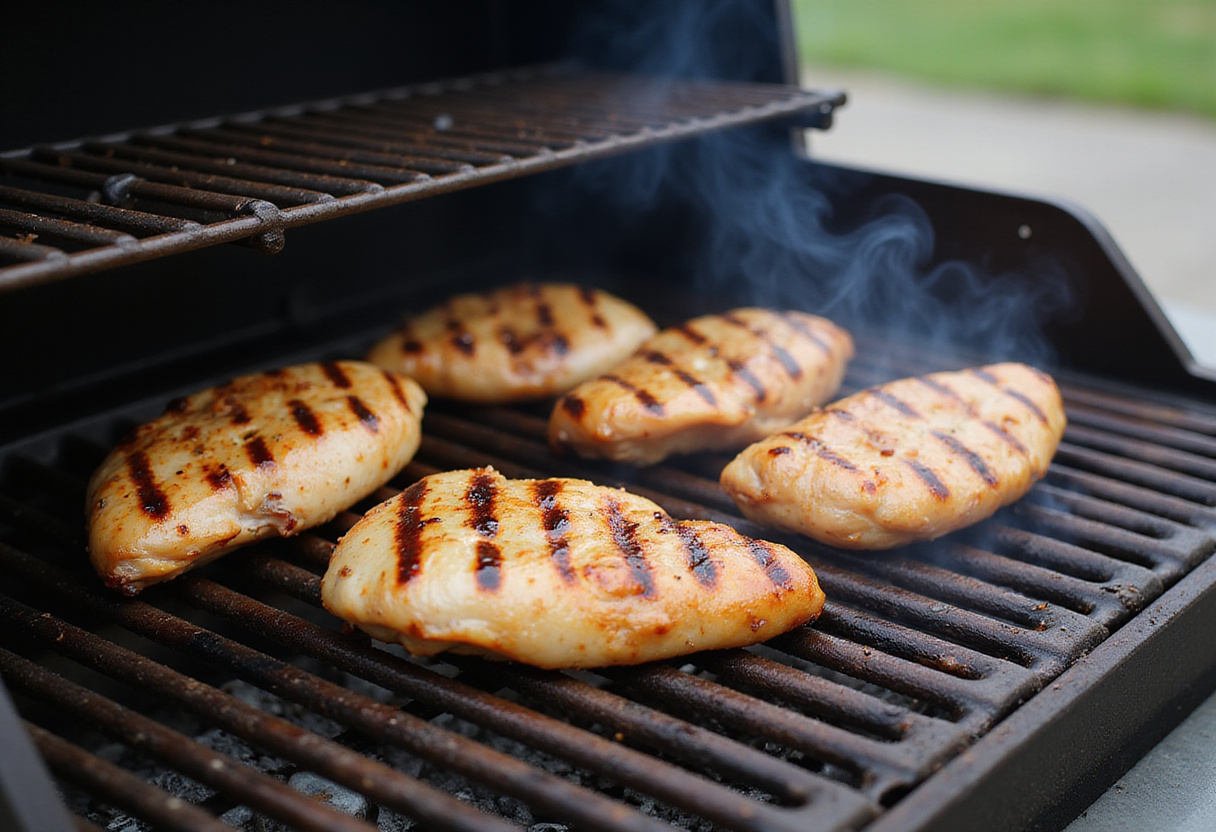 Grilled chicken breast pieces for Easy Zesty Southwest Chicken Salad Bowl, sizzling on the grill with marks and smoky aroma under a clear blue sky.