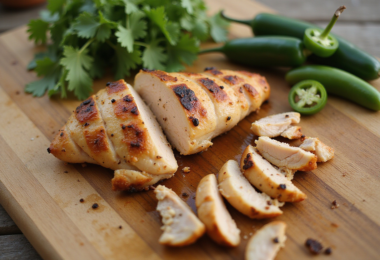 Sliced grilled chicken breast for Easy Zesty Southwest Chicken Salad Bowl, presented on a wooden cutting board with fresh cilantro and jalapeños.