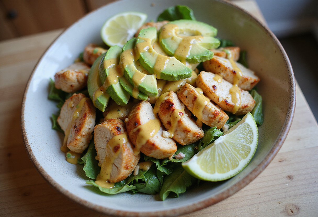 Assembled Easy Zesty Southwest Chicken Salad Bowl with grilled chicken, avocado, zesty dressing, and lime wedges, showcasing a colorful and healthy meal.