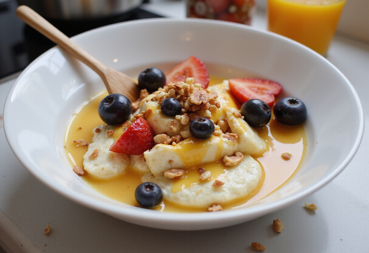 Final presentation of Egg White Oatmeal with fruits and honey, healthy breakfast bowl, vibrant and nourishing morning meal