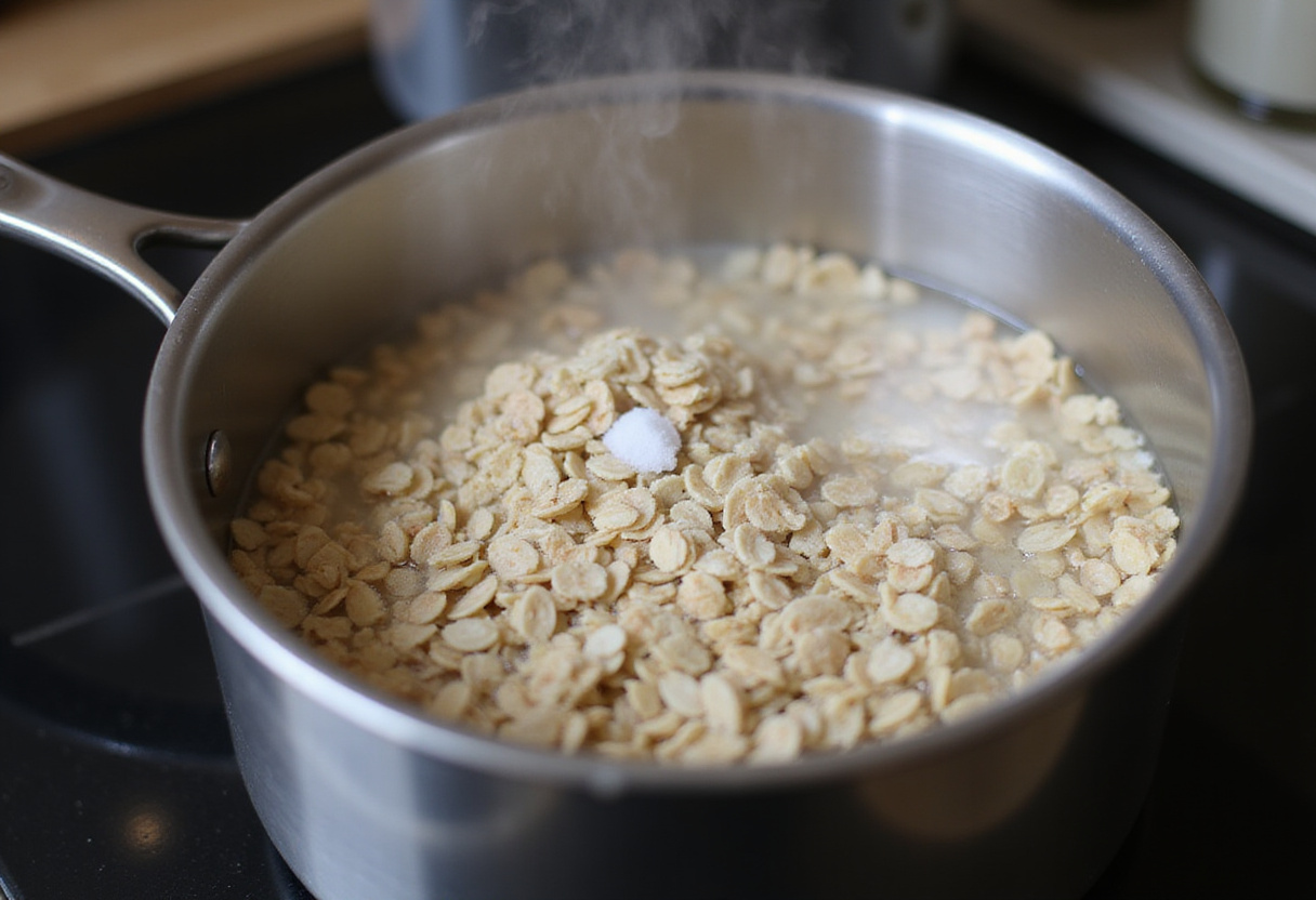 Cooking rolled oats for Egg White Oatmeal in a saucepan, healthy breakfast idea, nutritious oats preparation