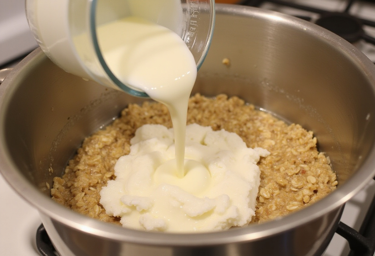 Incorporating whisked egg whites into cooking oats for Egg White Oatmeal, protein-rich healthy breakfast preparation, egg whites enhancing oatmeal texture
